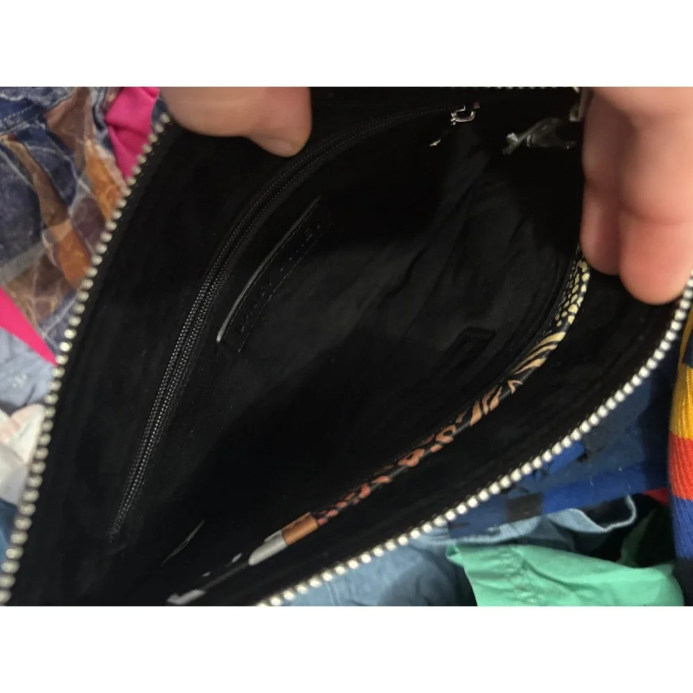 Sassy Jones Clutch Zippered Purse Handbag Black White Orange Animal Print Tassel